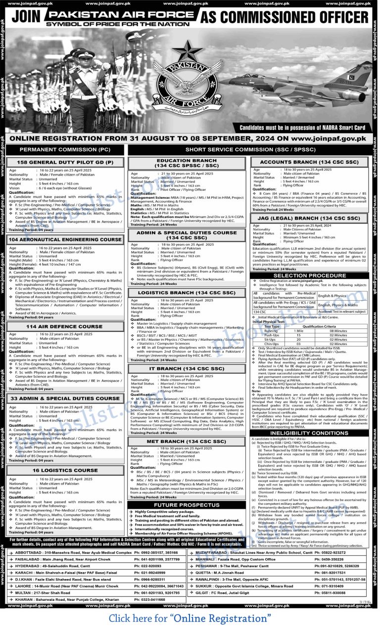 Pakistan Air Force Jobs August 2024 September Join PAF as Commissioned Officer PC, SSC & SPSSC Online Registration