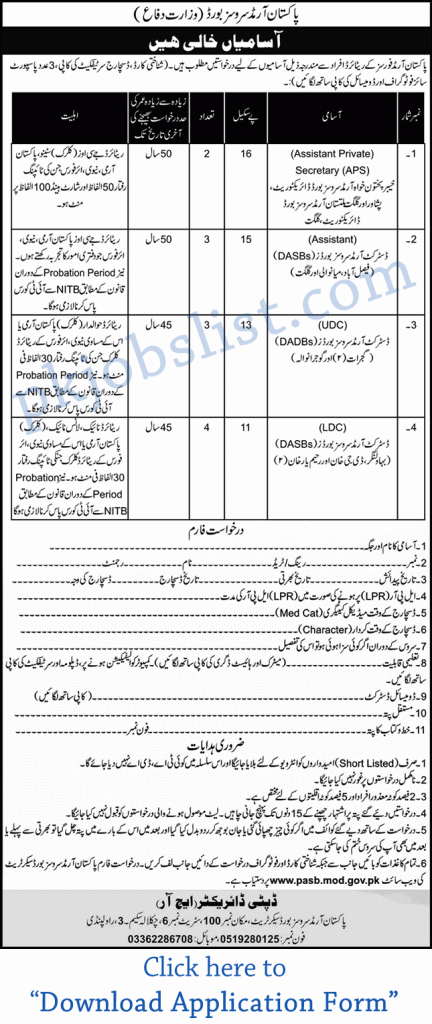 Pakistan armed services board jobs august 2024 pasb application form ministry of defence