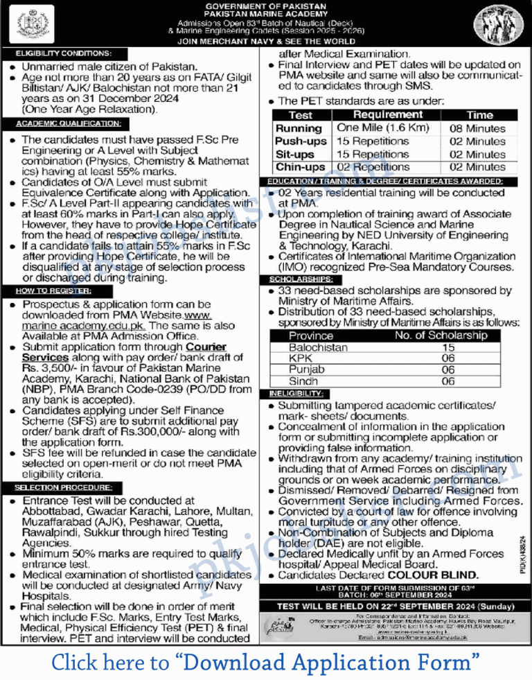 Join Pakistan Marine Academy 63 Batch 2024 Application Form Admission 2025 26