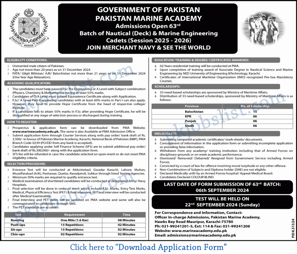 Pakistan marine academy admission 2025 26 application from