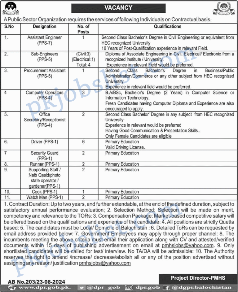 Public Sector Organization Balochistan Jobs August 2024 September PMHS Sub Engineers & More