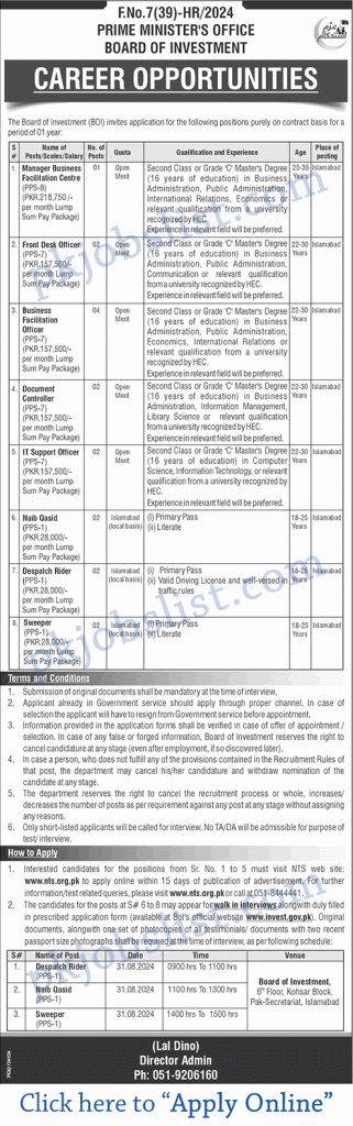 Prime minister office board of investment jobs august 2024 september nts apply online