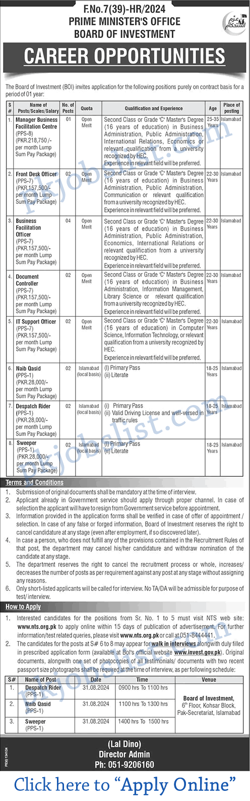 Prime Minister Office Board of Investment Jobs August 2024 September NTS Apply Online