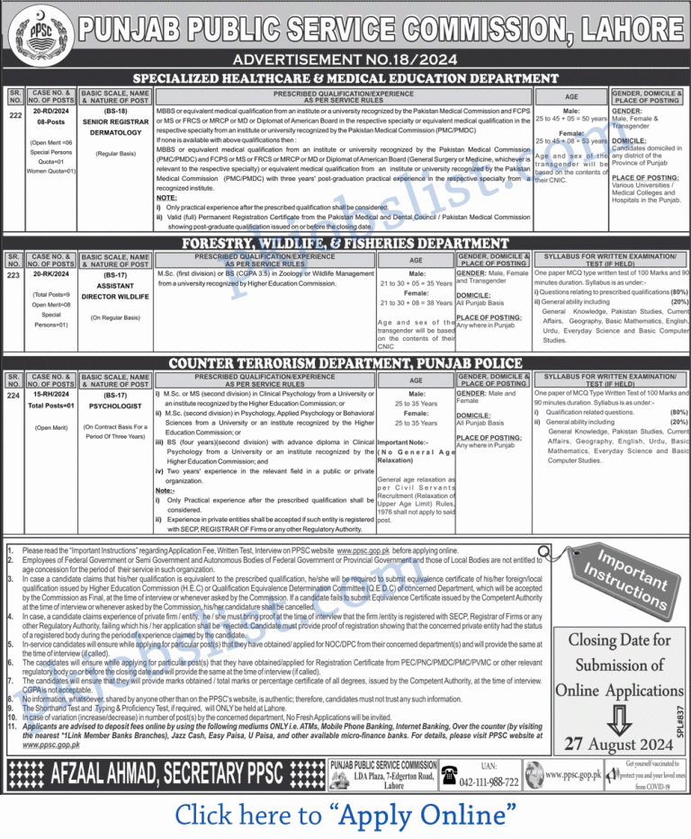 Punjab public service commission jobs august 2024 ad no. 18/2024 ppsc apply online