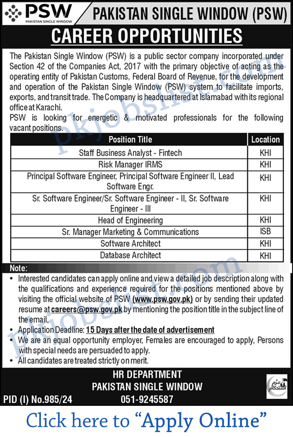 Pakistan Single Window Jobs August 2024 PSW Apply Online Software Engineers & More