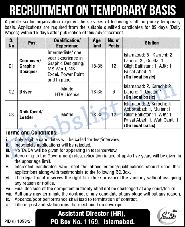 PO Box 1169 Islamabad Jobs August 2024 Public Sector Organization