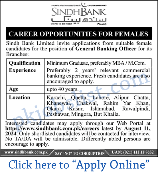 Female general banking officer jobs in sindh bank august 2024 online apply