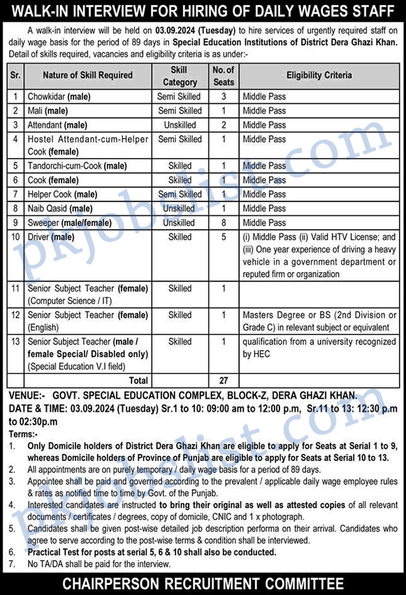 Government Special Education Institution Dera Ghazi Khan Jobs August 2024 September Walk In Interview