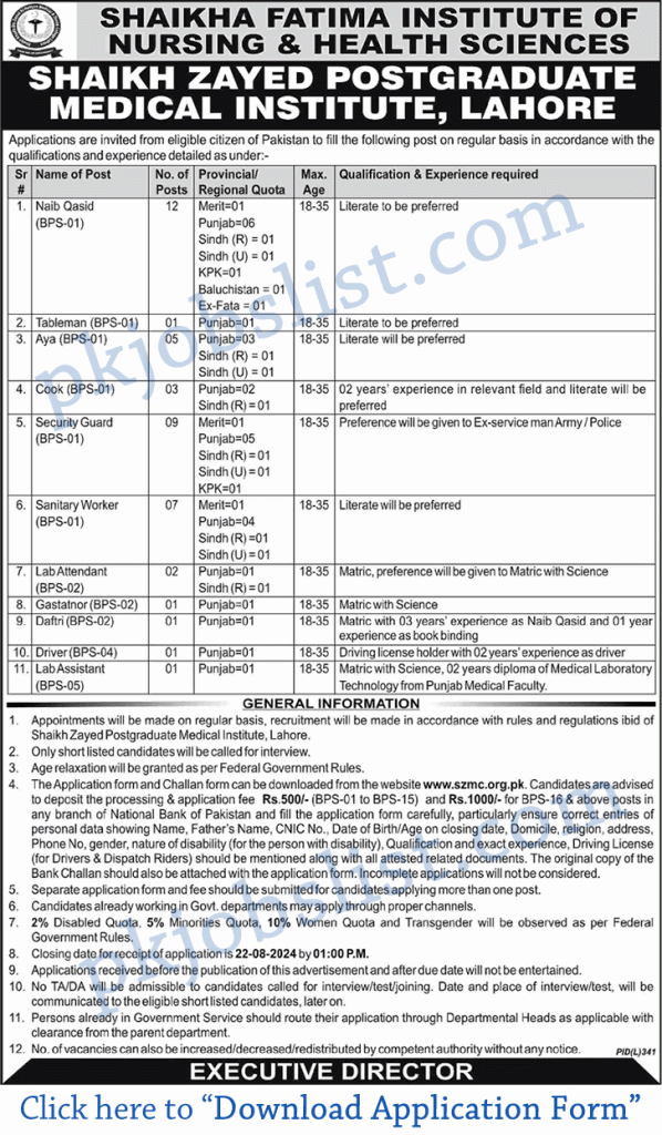 Sheikh zayed postgraduate medical institute lahore jobs august 2024 sheikha fatima institute of nursing and health sciences