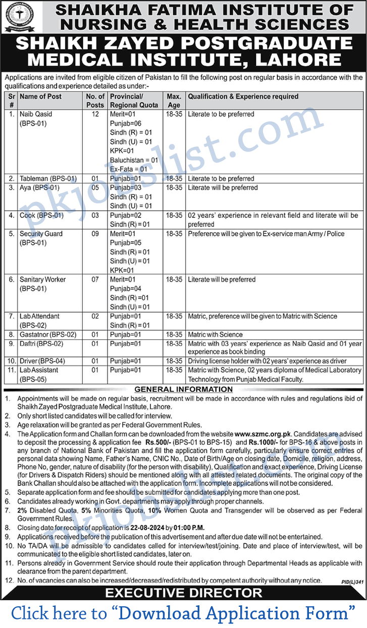 Sheikh zayed postgraduate medical institute lahore jobs august 2024 sheikha fatima institute of nursing and health sciences