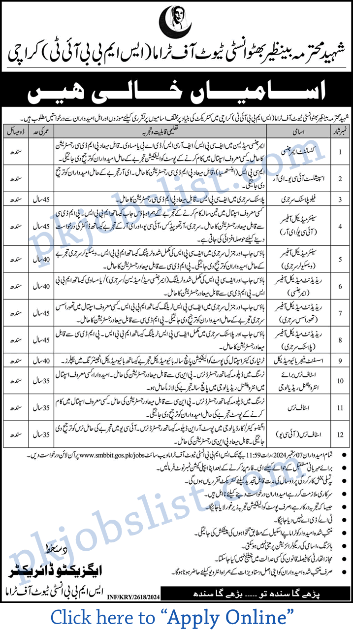 Shaheed mohtarma benazir bhutto institute of trauma karachi jobs august 2024 smbbit apply online