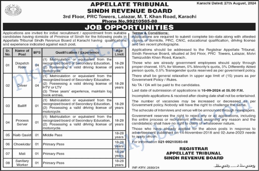 Appellate tribunal sindh revenue board jobs 2024 august september