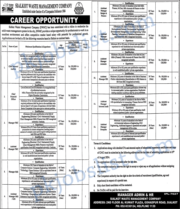 Sialkot waste management company jobs 2024 august swmc assistant managers & more