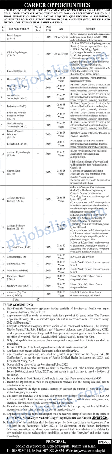 Sheikh Zayed Medical College/Hospital Rahim Yar Khan Jobs 2024 August SZMC