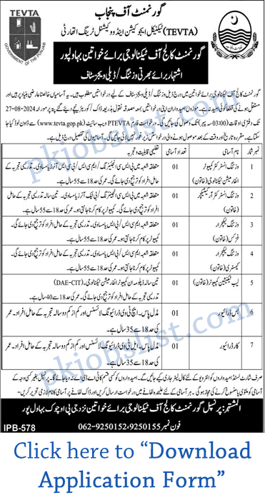 Government college of technology for women bahawalpur jobs 2024 august application form tevta