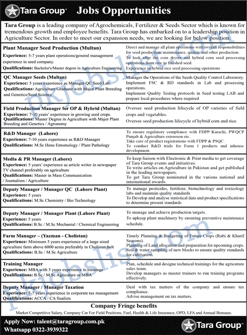 Tara group jobs august 2024 managers & more at lahore & multan