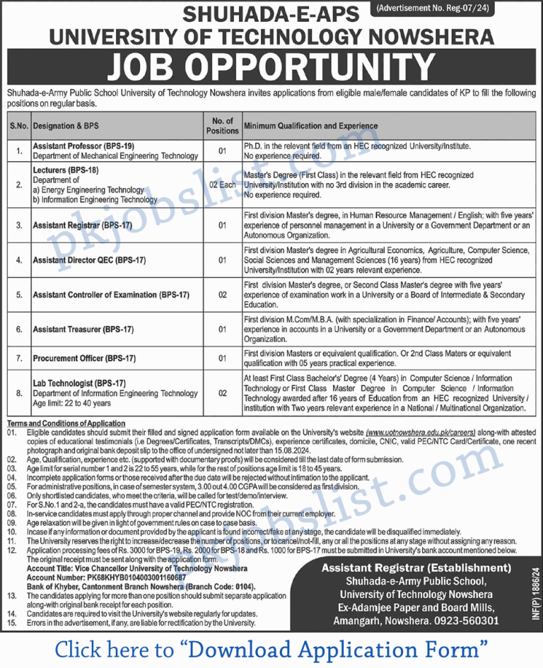 Shuhada e aps university of technology nowshera jobs 2024 august download application form