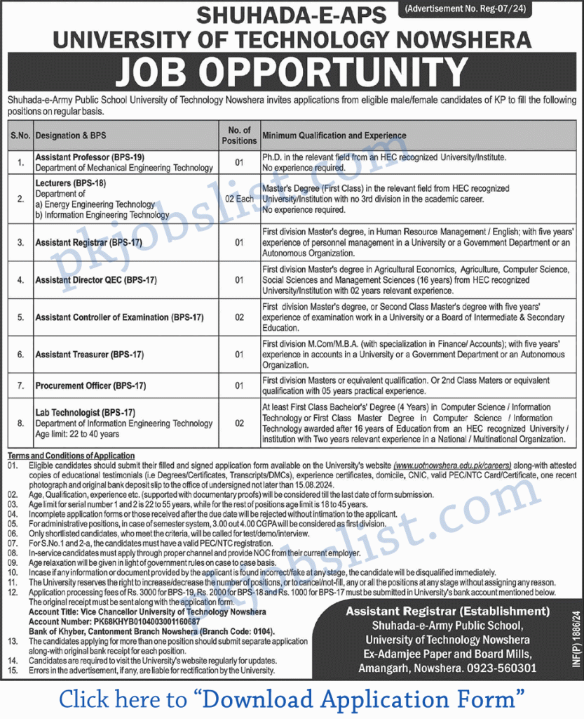 Shuhada E APS University of Technology Nowshera Jobs 2024 August Download Application Form