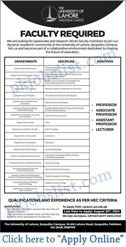 Teaching faculty jobs in university of lahore sargodha campus august 2024 online apply uol