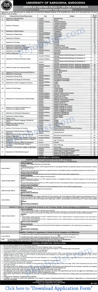 Visiting faculty jobs in university of sargodha august 2024 application form lecturers & professors