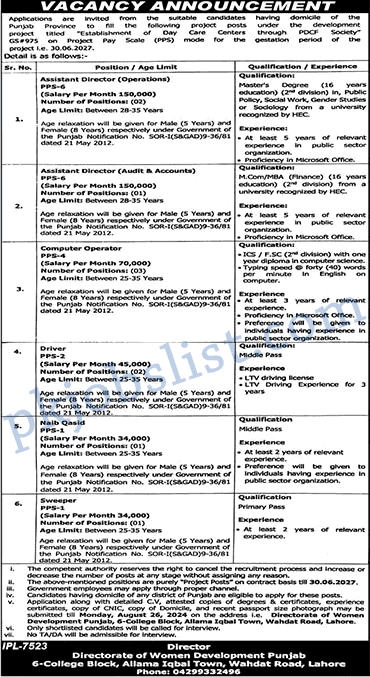 Women Development Department Punjab Jobs August 2024 Lahore Directorate