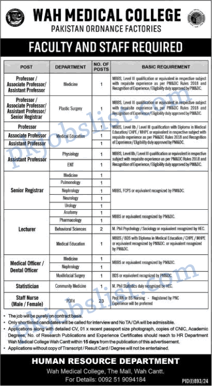 WAH Medical College Jobs August 2024 Staff Nurses & More Pakistan Ordnance Factory POF