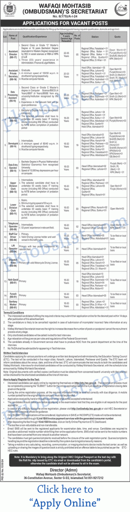 Wafaqi mohtasib ombudsman secretariat jobs august 2024 september etc apply online