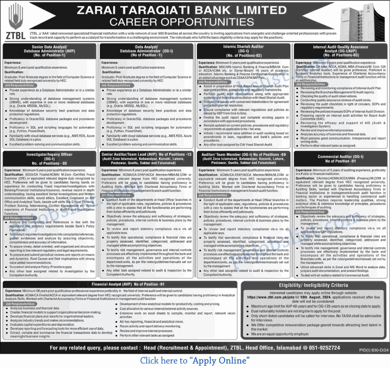 Zarai Taraqiati Bank Limited Jobs August 2024 Online Apply ZTBL Auditors & More