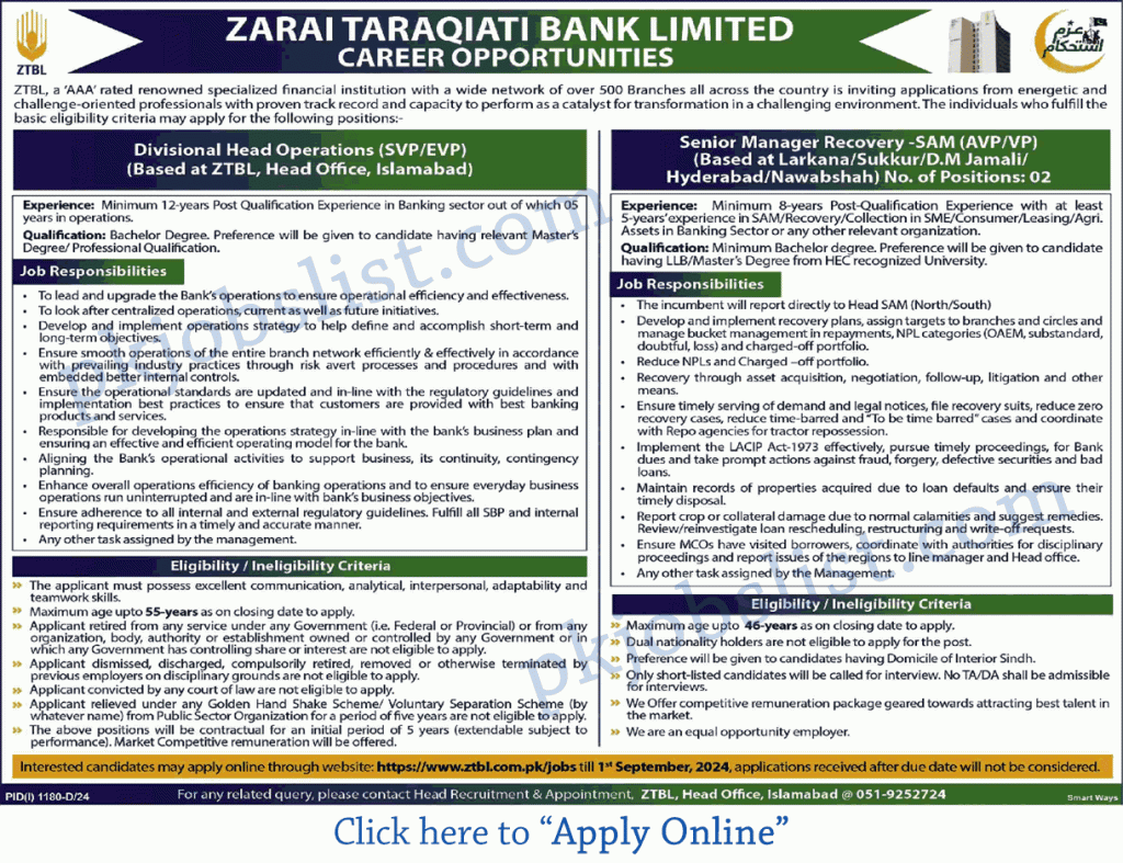 Latest ztbl jobs august 2024 zarai taraqqiati bank limited recent advertisement apply online