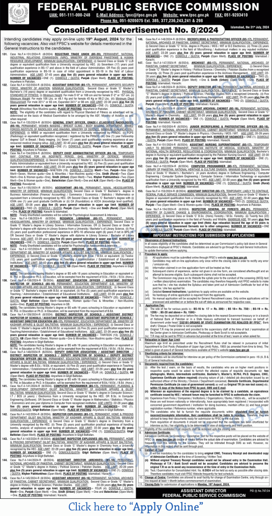 Federal public service commission jobs august 2024 online apply fpsc advertisement no. 8/2024