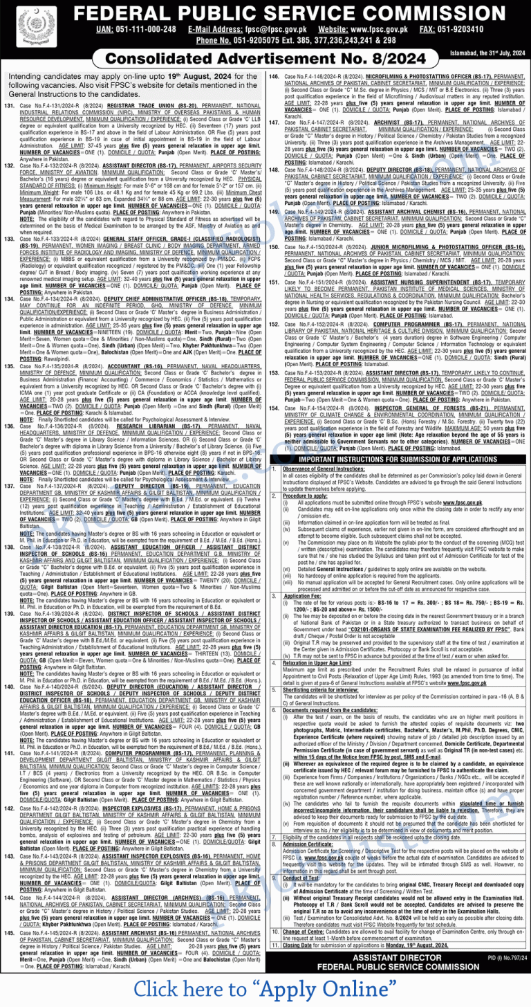 Federal Public Service Commission Jobs August 2024 Online Apply FPSC Advertisement No. 8/2024