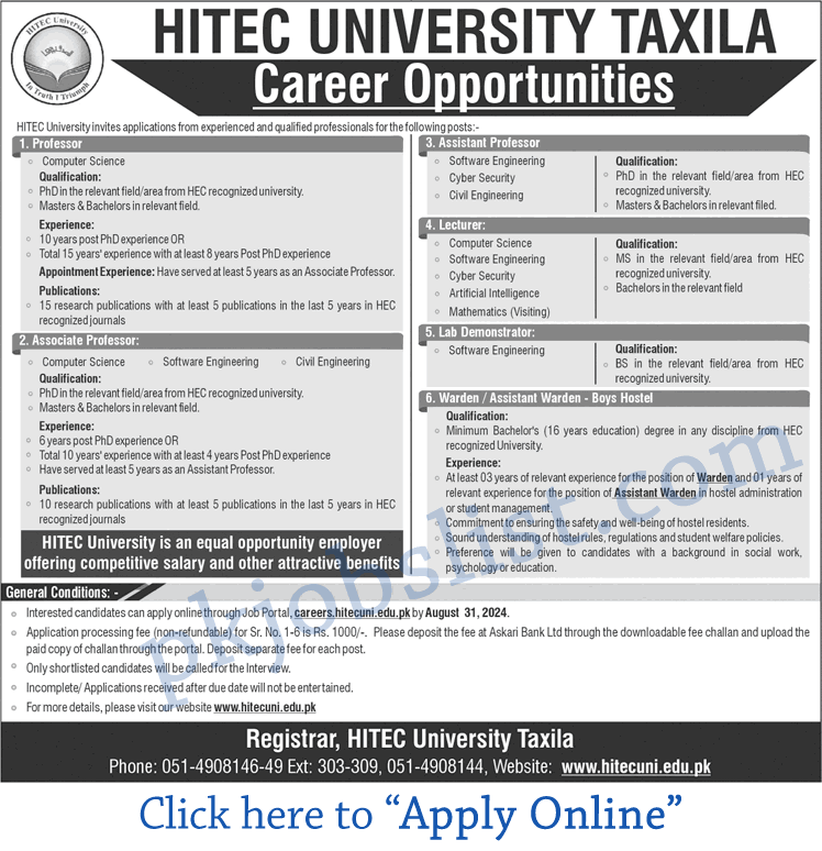 Hitec university taxila jobs august 2024 apply online teaching faculty & more