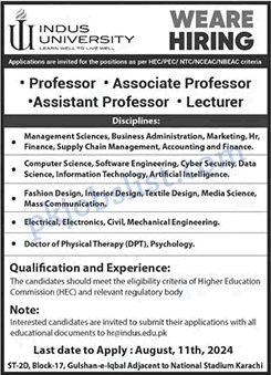 Teaching Jobs in Indus University Karachi 2024 August Associate & Assistant Professors & Lecturers