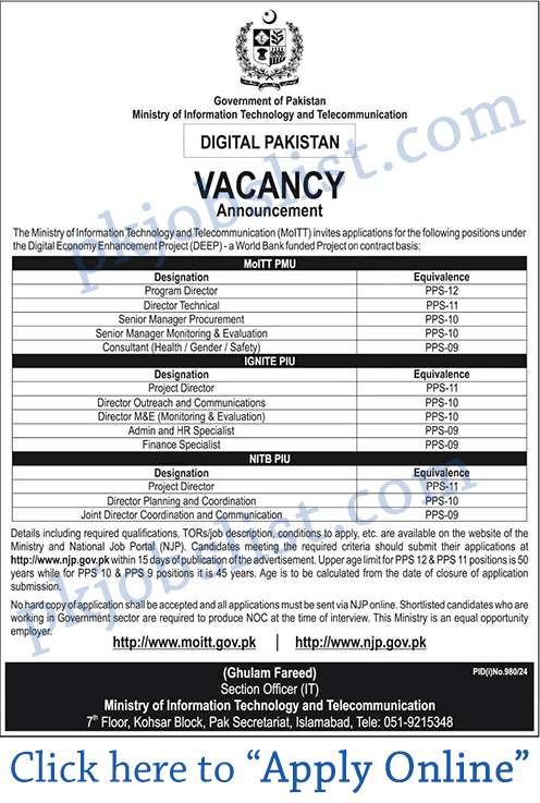 Ministry of information technology and telecommunication jobs august 2024 moitt apply online njp