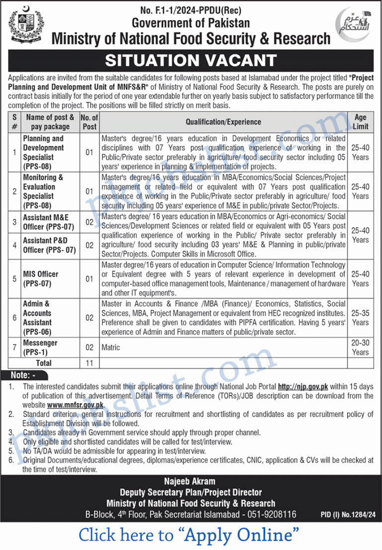 Ministry of National Food Security and Research Jobs August 2024 September NJP Apply Online MNFS&R Islamabad