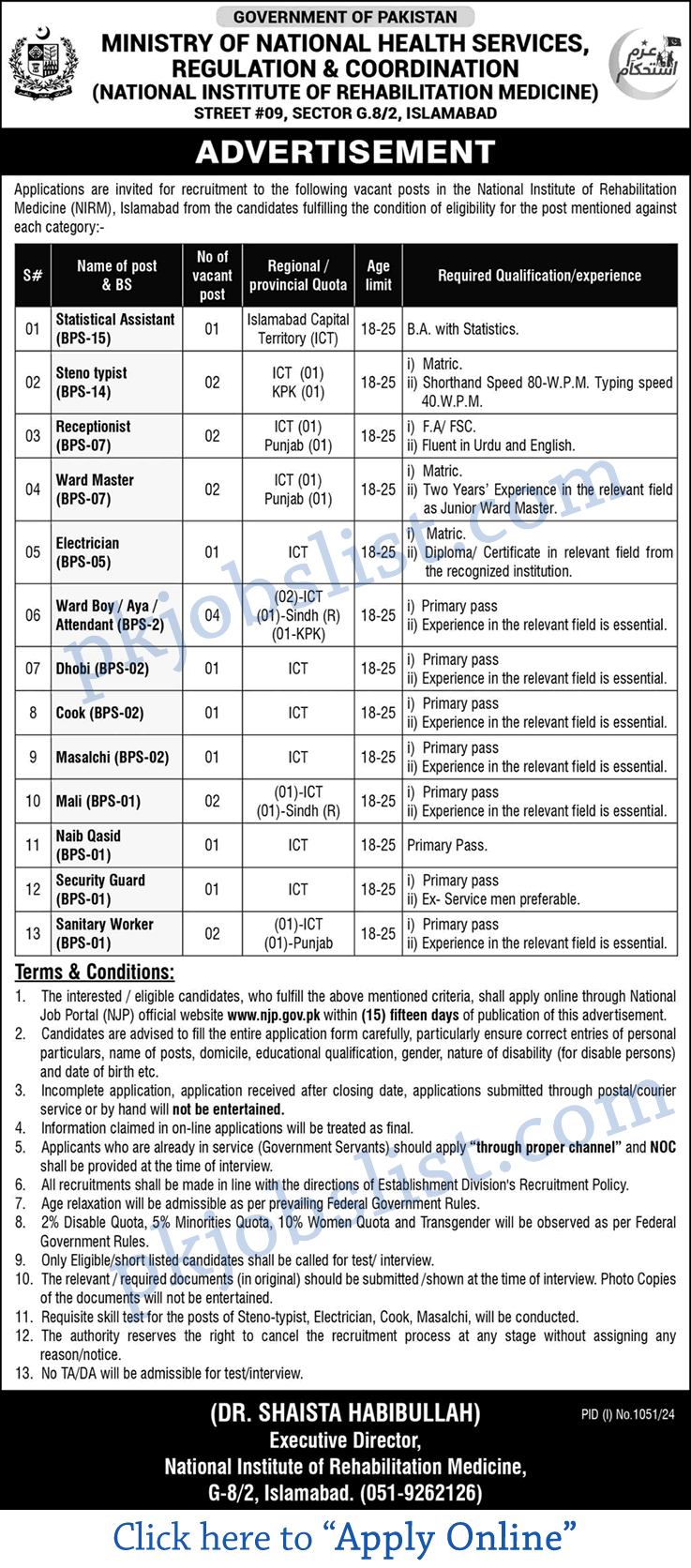 National Institute of Rehabilitation Medicine Jobs August 2024 Apply Online NIRM Hospital Islamabad NHSRC