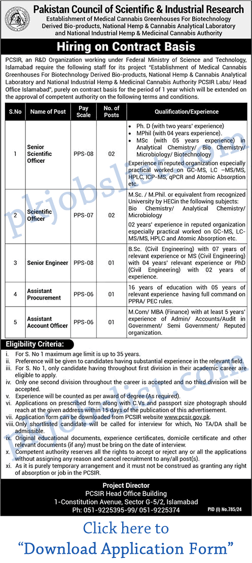 Pakistan Council of Scientific and Industrial Research Jobs August 2024 PCSIR Islamabad Application Form