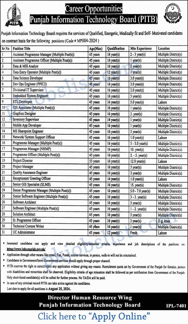 Punjab information technology board jobs august 2024 apply online pitb