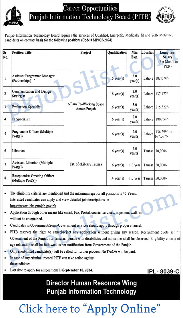 Punjab information technology board jobs august 2024 september pitb apply online