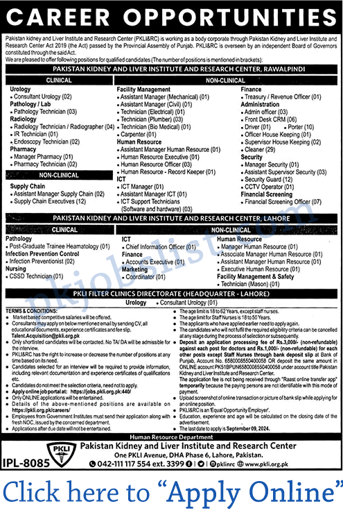 Pakistan kidney and liver institute jobs august 2024 september apply online pkli hospital lahore & rawalpindi