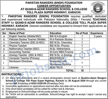 Quaid E Azam Rangers School and College Karachi Jobs August 2024 Sindh Foundation