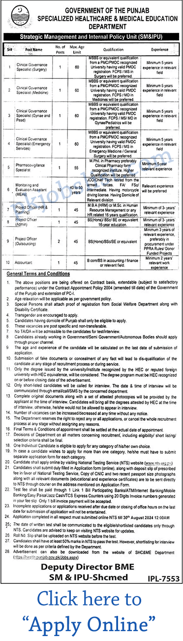 Specialized healthcare and medical education department punjab jobs august 2024 shc&med nts apply online