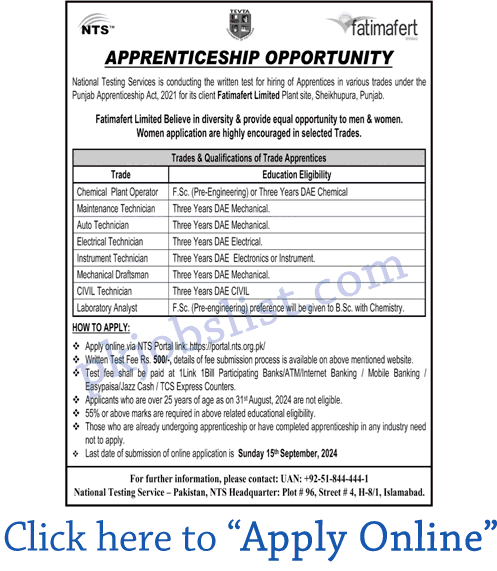 Fatimafert limited apprenticeship 2024 august september nts apply online tevta