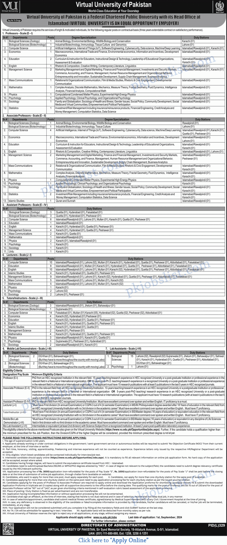 Virtual University Jobs August 2024 Online Apply Teaching Faculty & Lab Assistants