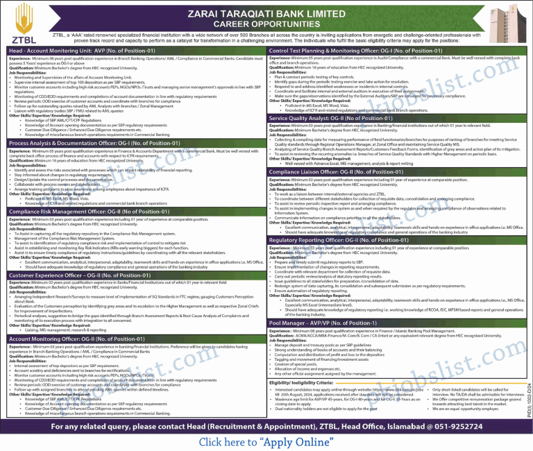 ZTBL Bank Jobs August 2024 Apply Online Zarai Taraqiati Bank Limited