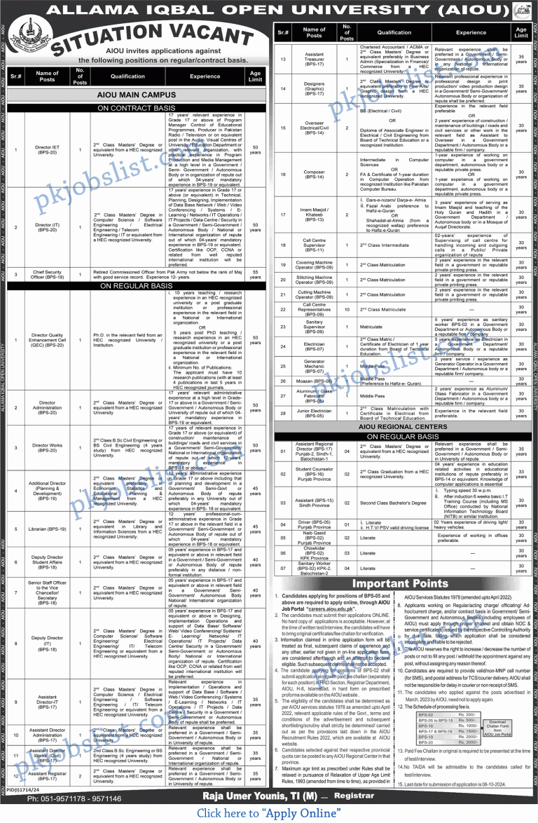 Allama Iqbal Open University Jobs September 2024 Online Apply AIOU