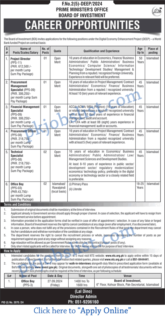 Prime Minister's Office Board of Investment Islamabad Jobs September 2024 NTS Apply Online