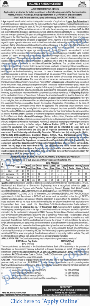 Communication Works Physical Planning and Housing Department Balochistan Jobs 2024 September BPSC Apply Online CW PP&H