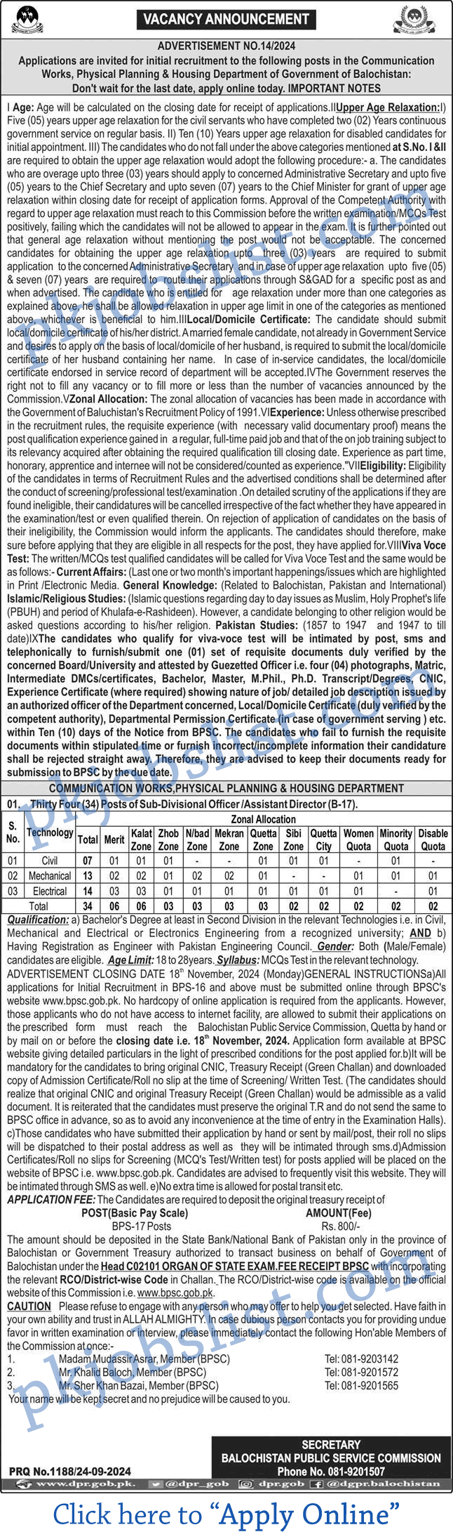 Communication works physical planning and housing department balochistan jobs 2024 september bpsc apply online cw pp&h