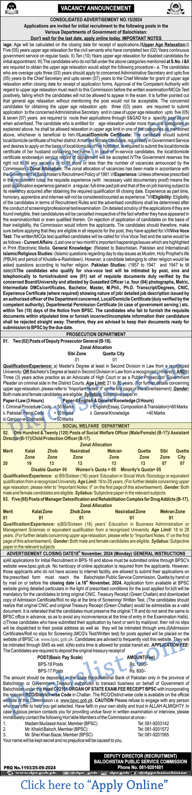 Social welfare department balochistan jobs september 2024 bpsc apply online